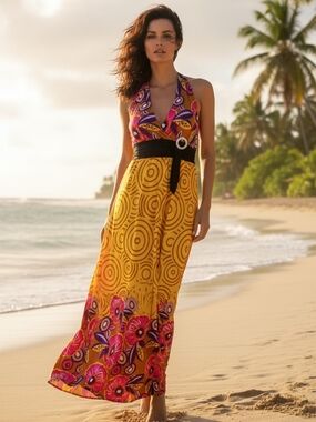 Halter Maxi Dress in Yellow and Pink Floral Print